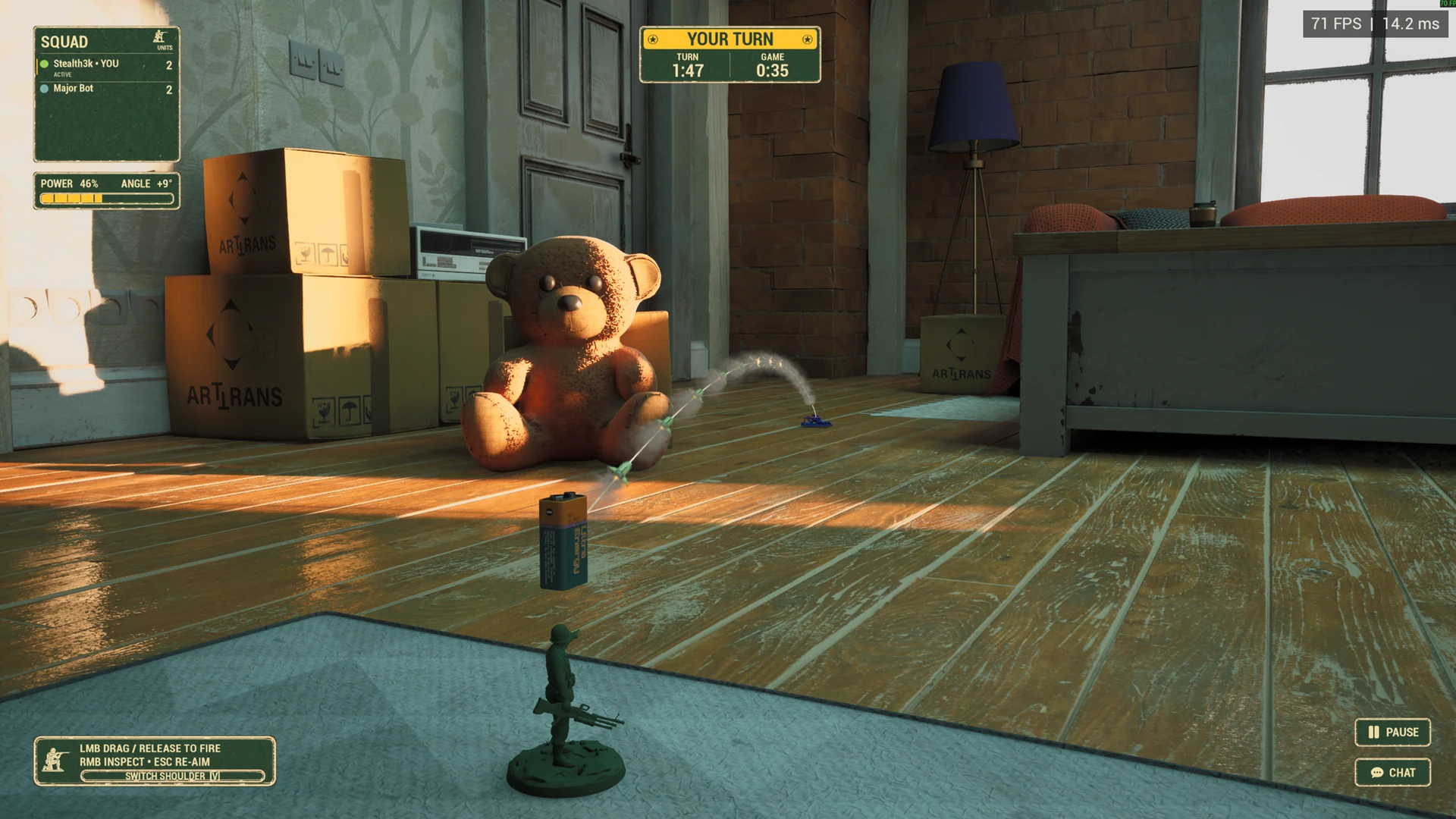 A green soldier lines up a shot beside a teddy bear and stacked boxes.