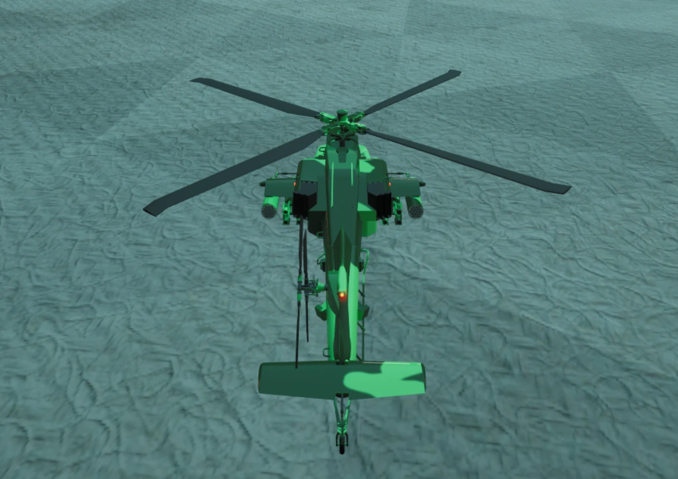 The green Army helicopter viewed from above on a living-room carpet.
