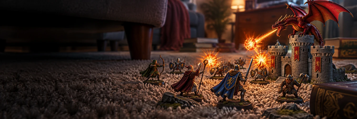 Dragonfire banner showing a red dragon above a miniature battlefield.