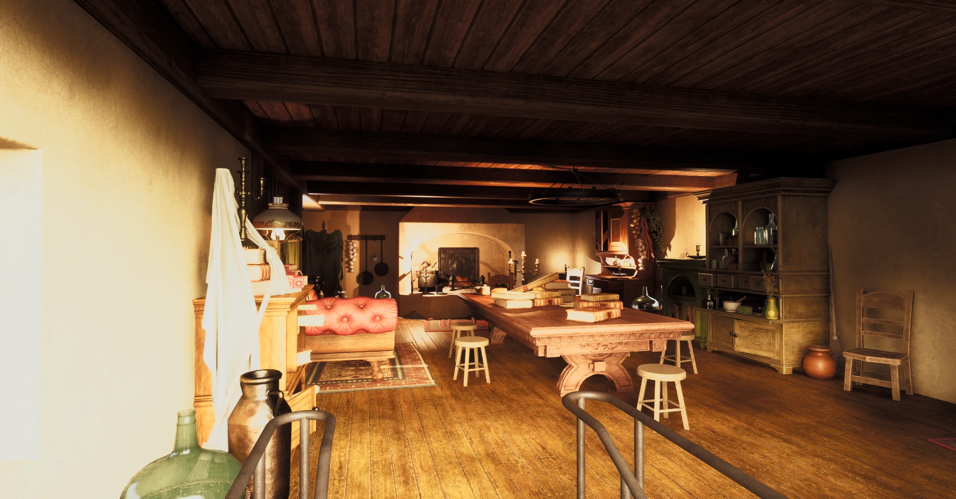 The Grey Wizard’s Retreat, a warm room of giant books, wooden tables, stools and a fireplace.