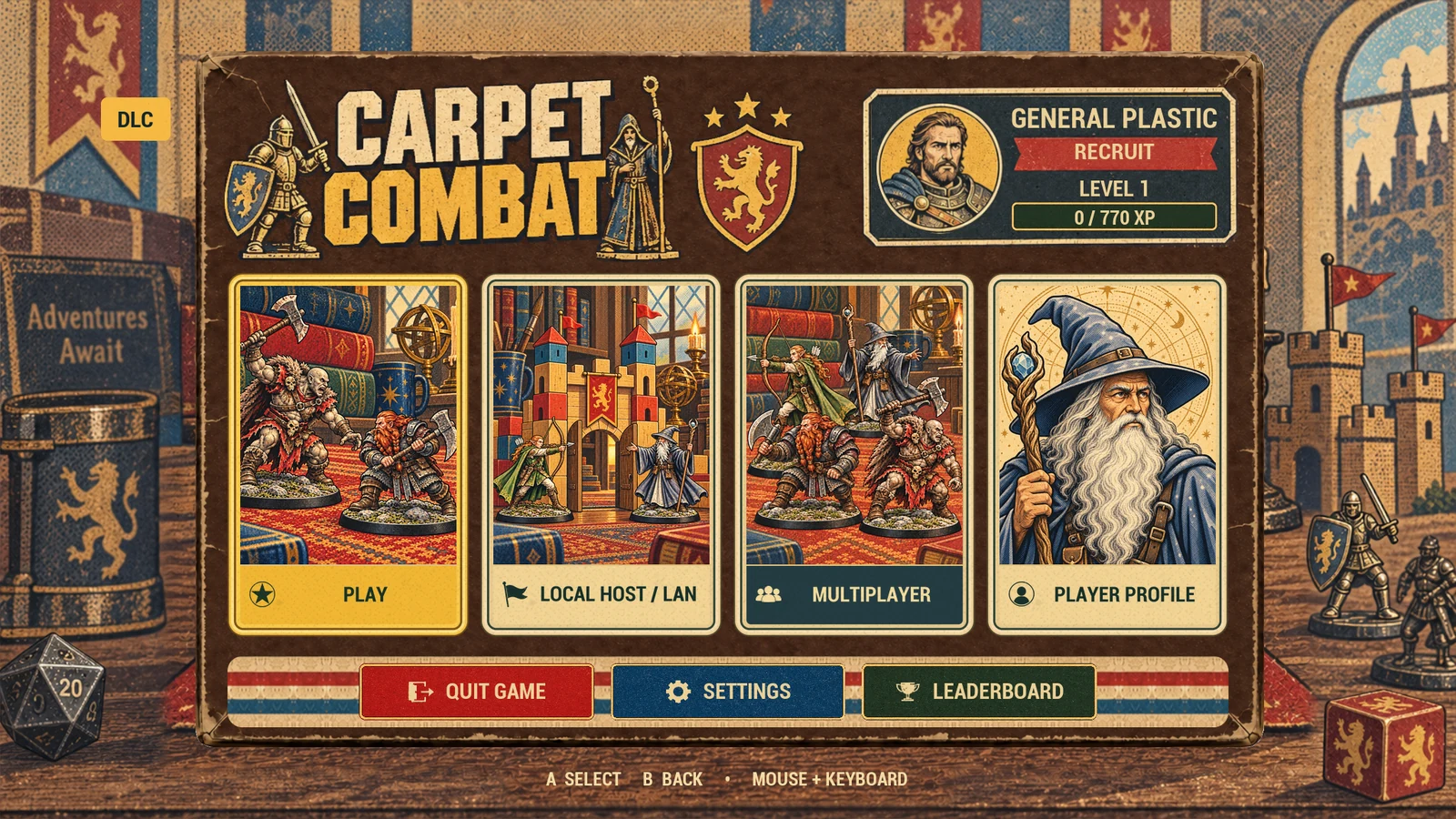 Fantasy in-game menu with illustrated characters and a warm book-and-carpet setting.