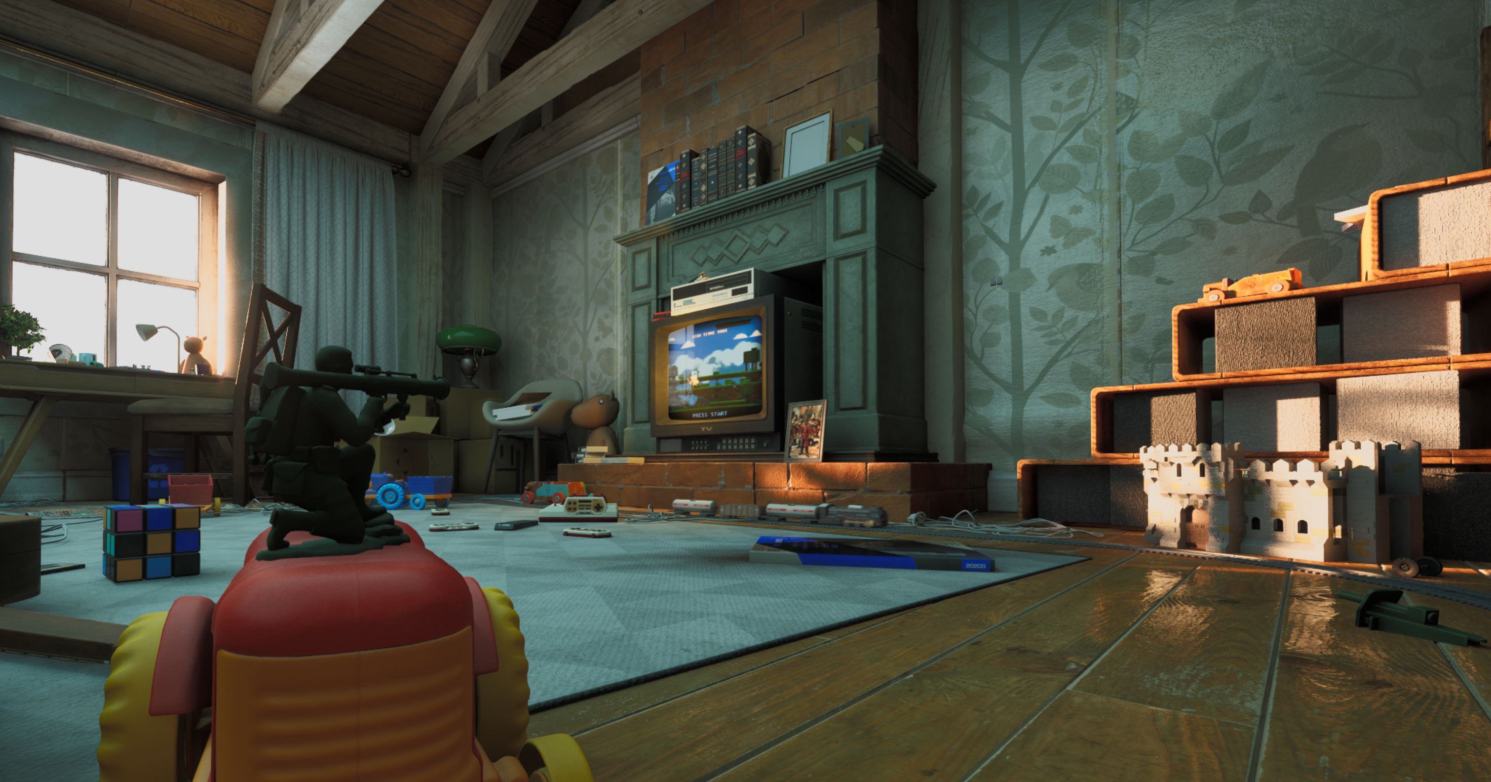 A green toy soldier with a rocket launcher overlooks a living room filled with toy castles, cars and a model railway.