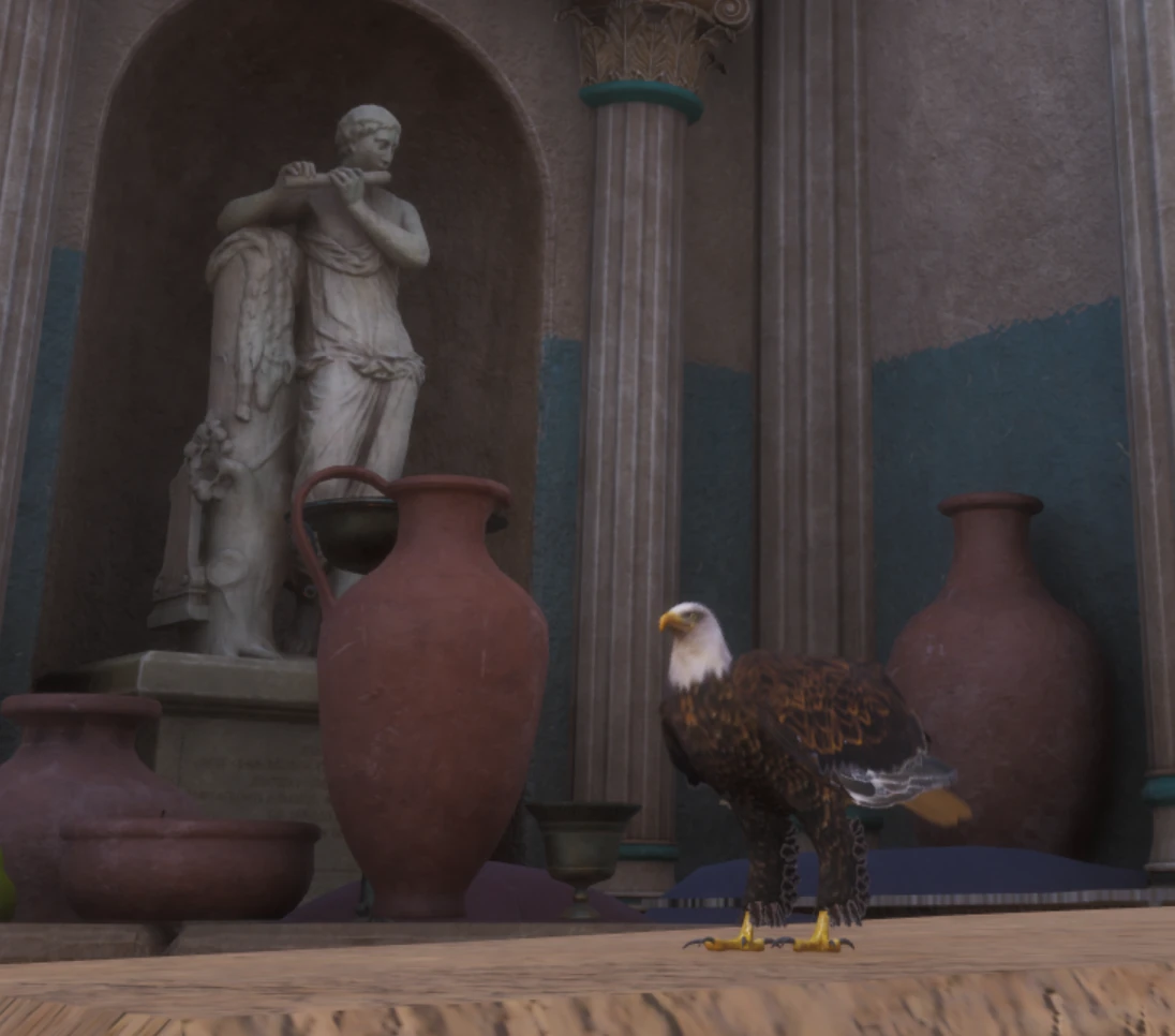 A bald eagle stands among large pots and classical statues in the Roman arena.
