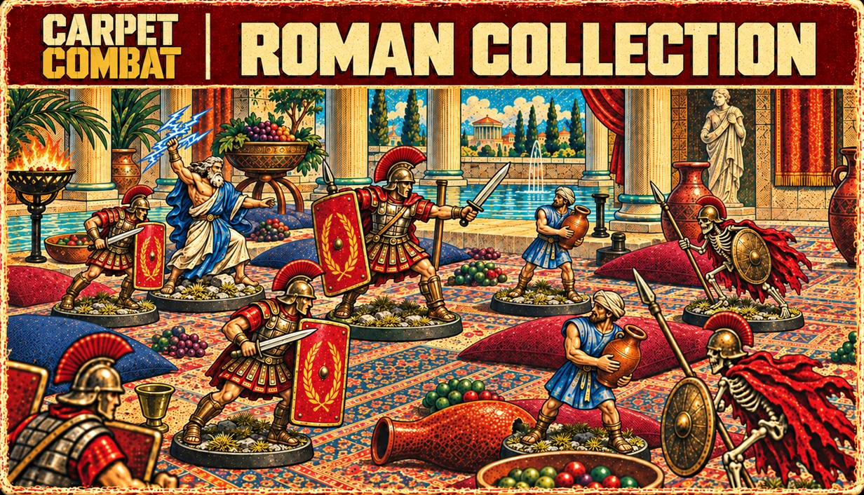 Illustrated Roman Collection artwork featuring legionaries, a Greek god and classical miniatures.