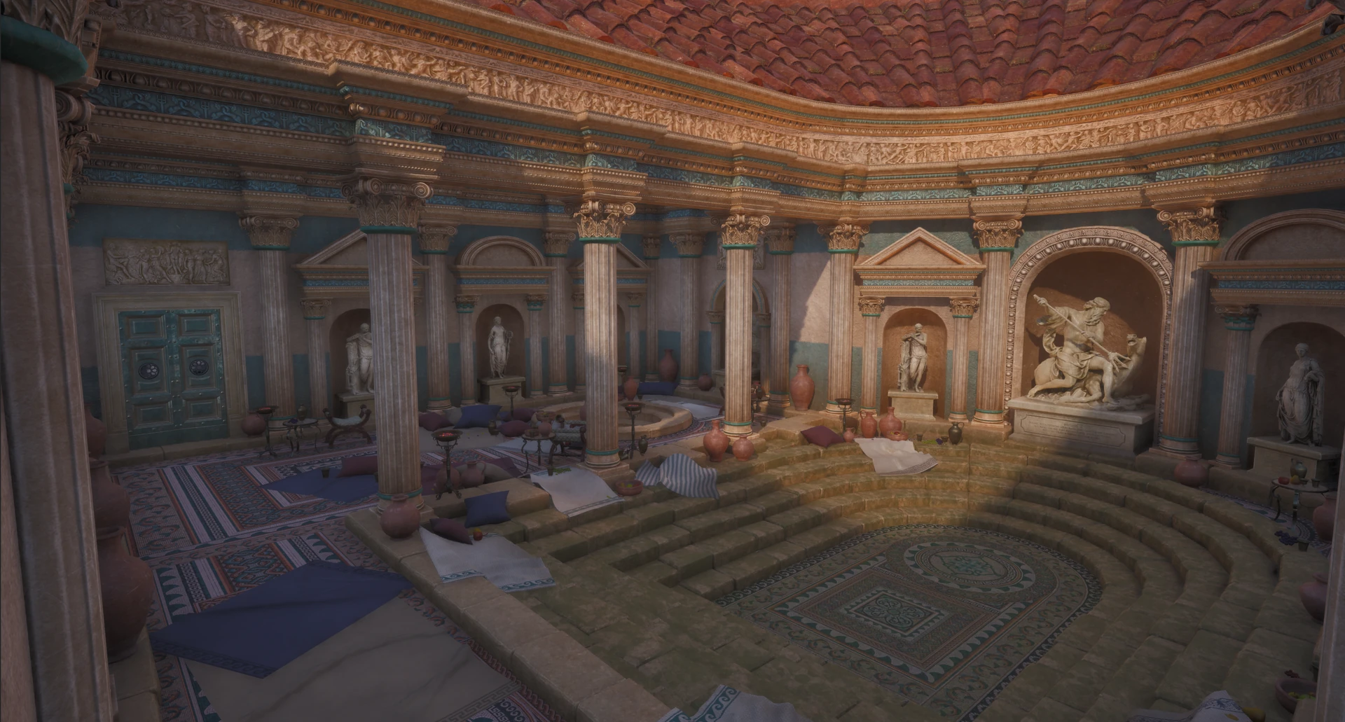 The Neptune Bath arena with classical columns, statues, terracotta pots and a large stepped central bath.