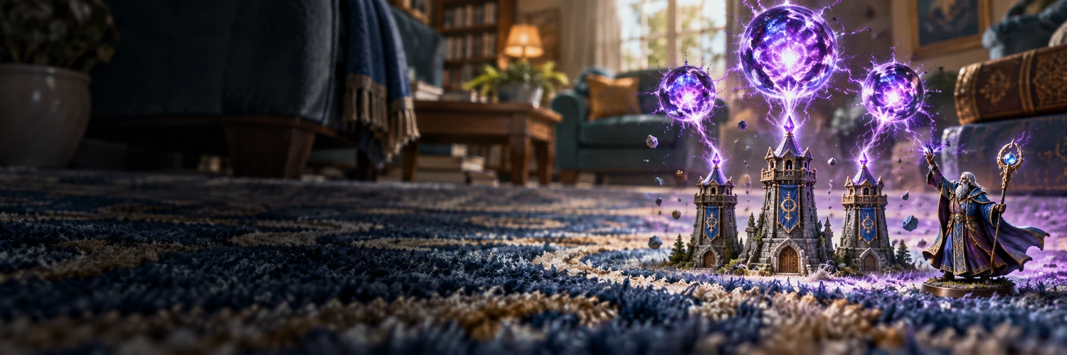 Arcane Cataclysm banner showing a magical miniature battlefield.