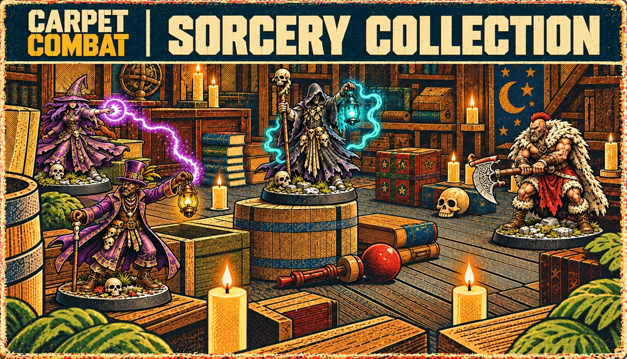 Illustrated Sorcery Collection artwork featuring a witch, necromancer, voodoo character and barbarian.