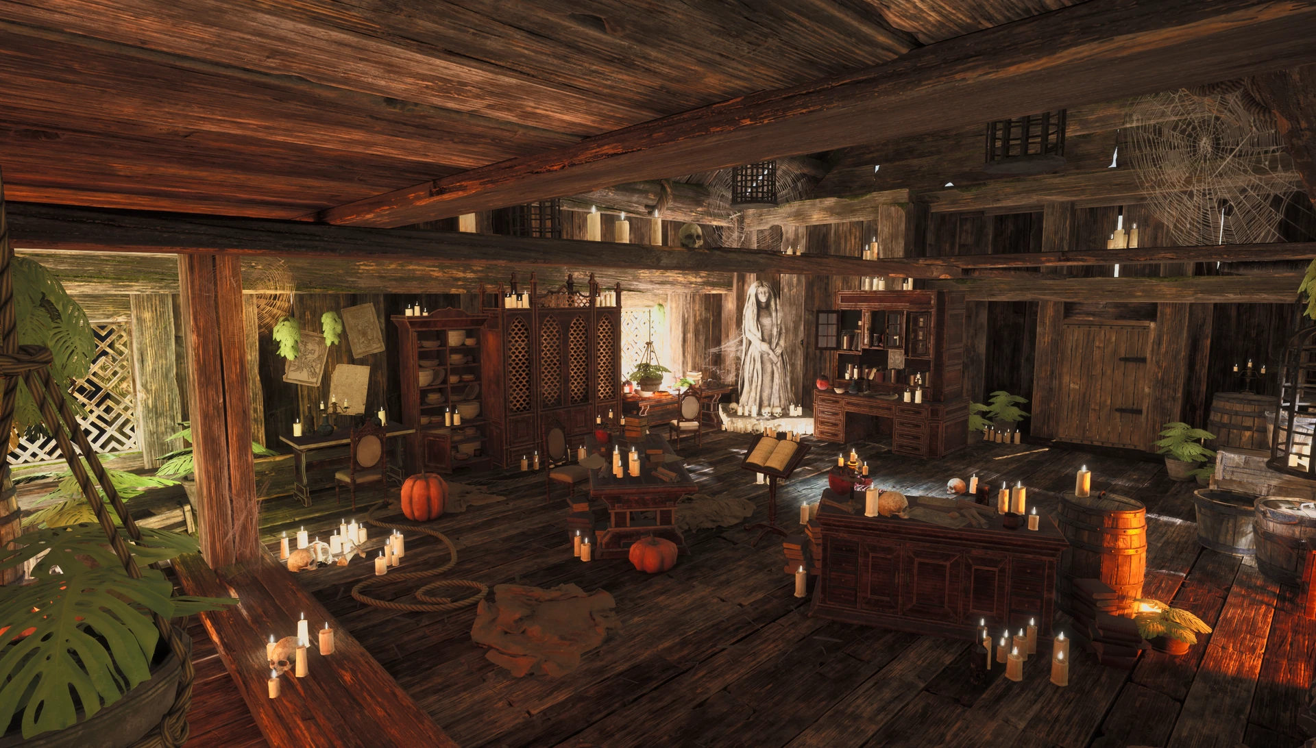 The Sorcerer’s Hut with timber beams, candlelit tables, spellbooks, skulls and cobwebs.