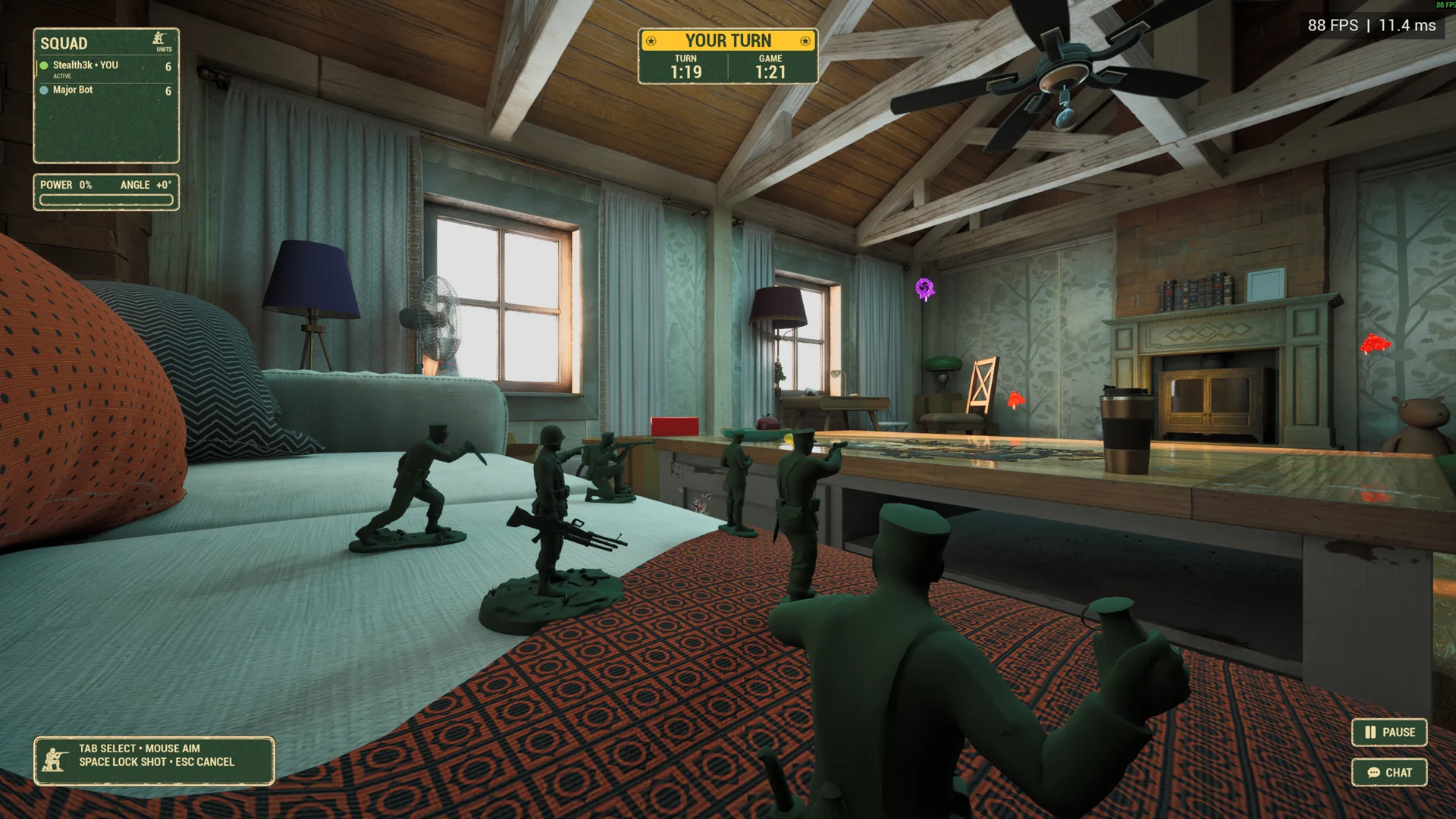 A squad of toy soldiers takes position on the enormous living-room sofa.