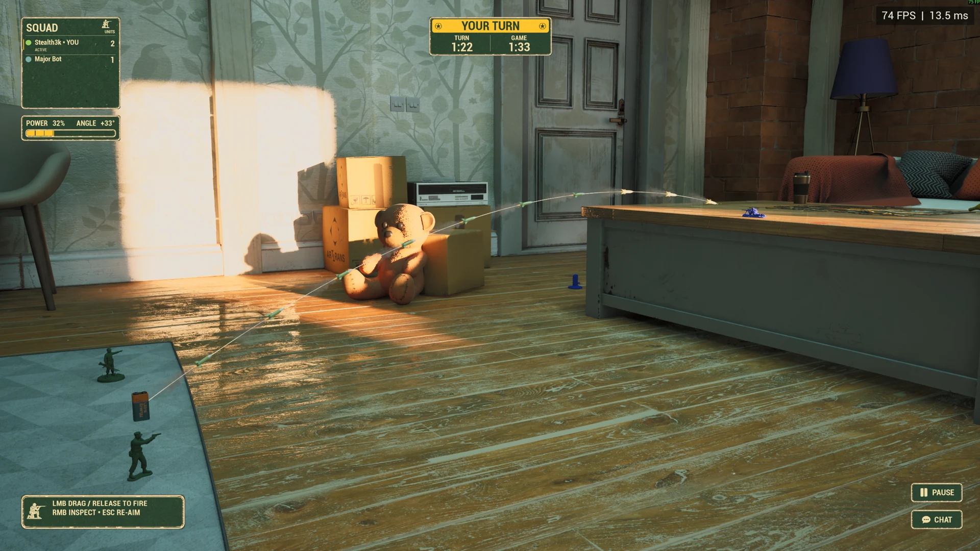 A soldier aims a curved shot from the living-room floor onto a tall coffee table.